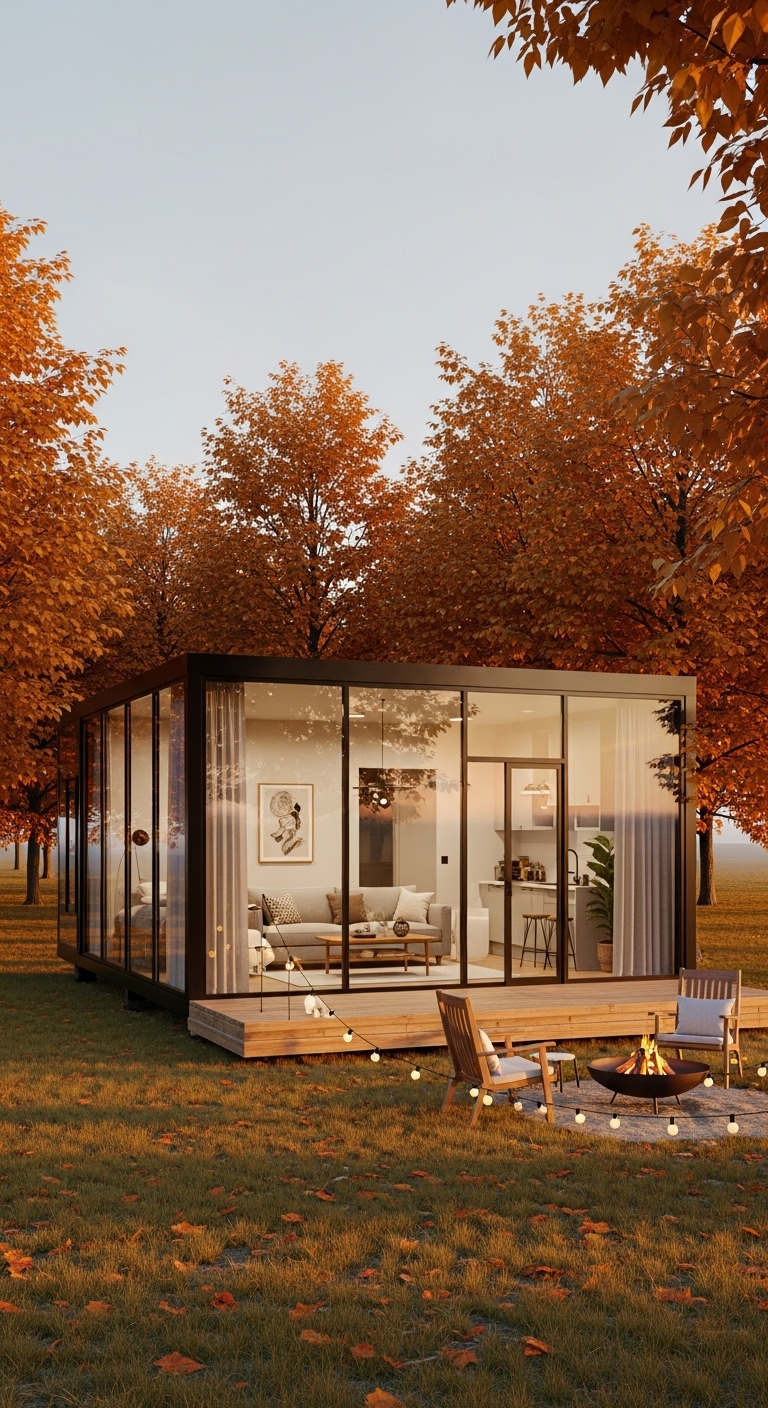 Modern Glass Cabin in Autumn Woods