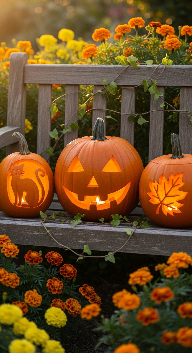 Garden Bench Pumpkin Trio