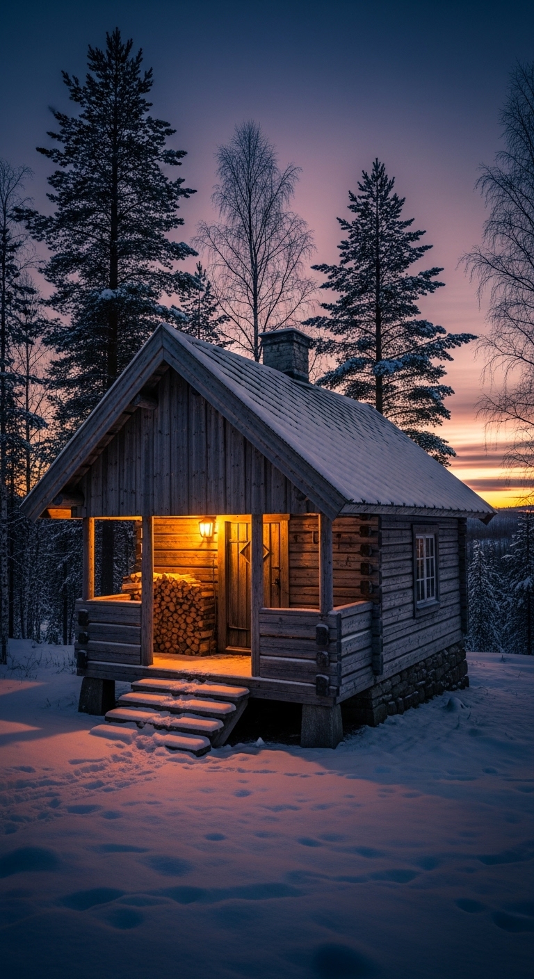 Rustic Winter Cabin Twilight
