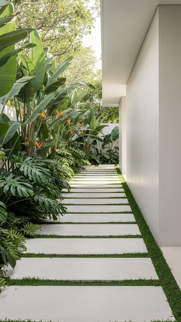 Minimal Concrete Slab Walkway with Tropical Greenery