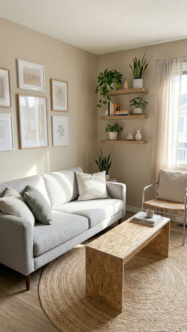 Warm Beige Walls with Floating Shelves