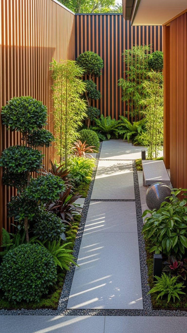 Modern Side Path with Vertical Wood Privacy Screens
