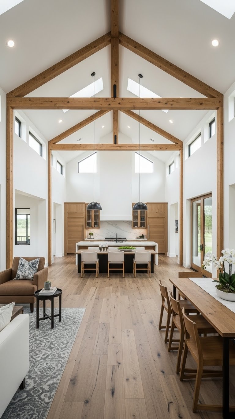 Symmetrical Beams Framing a Modern Kitchen