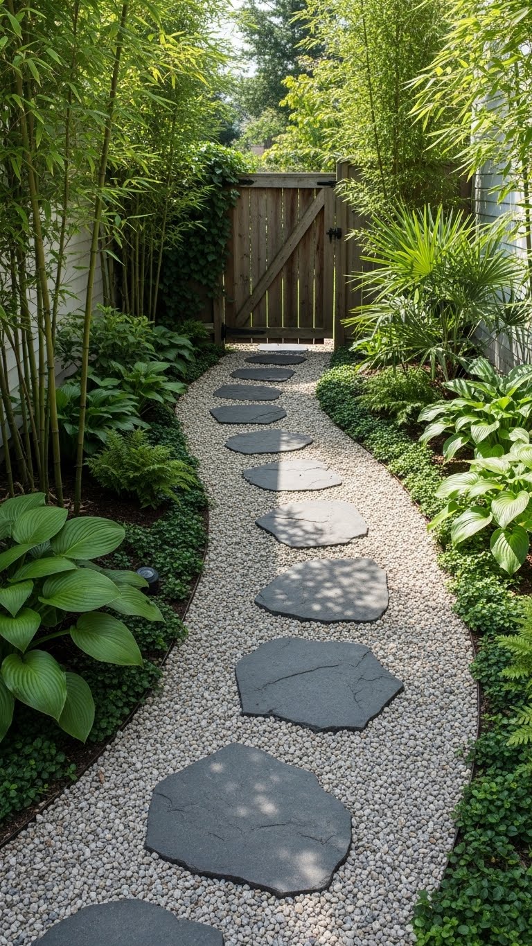 Curved Stone Step Walkway with Lush Garden Borders