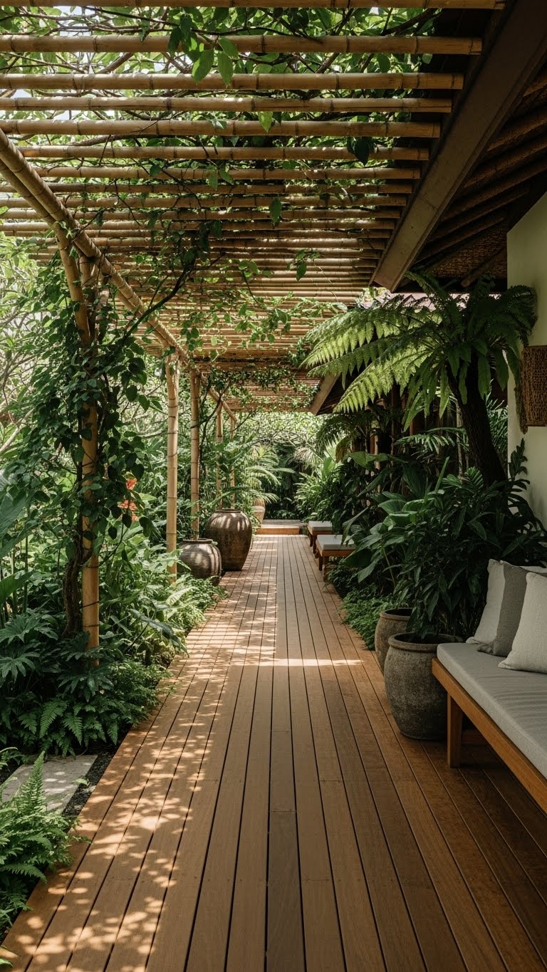 Bamboo-Framed Walkway with Natural Stone Steps