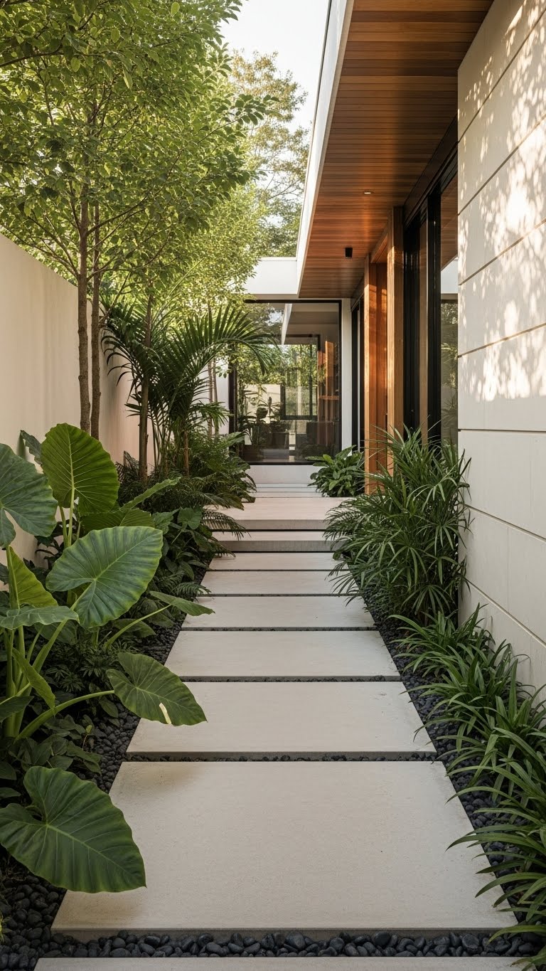 Modern Linear Walkway with White Concrete Panels
