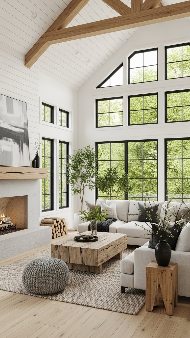 Bright Living Room with White Beams and Wood Accents