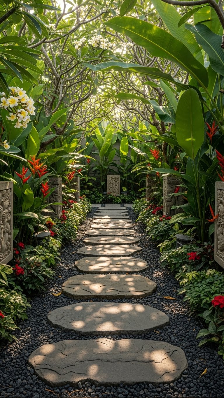 Tropical Garden Path with Stepping Stones and Shade Trees