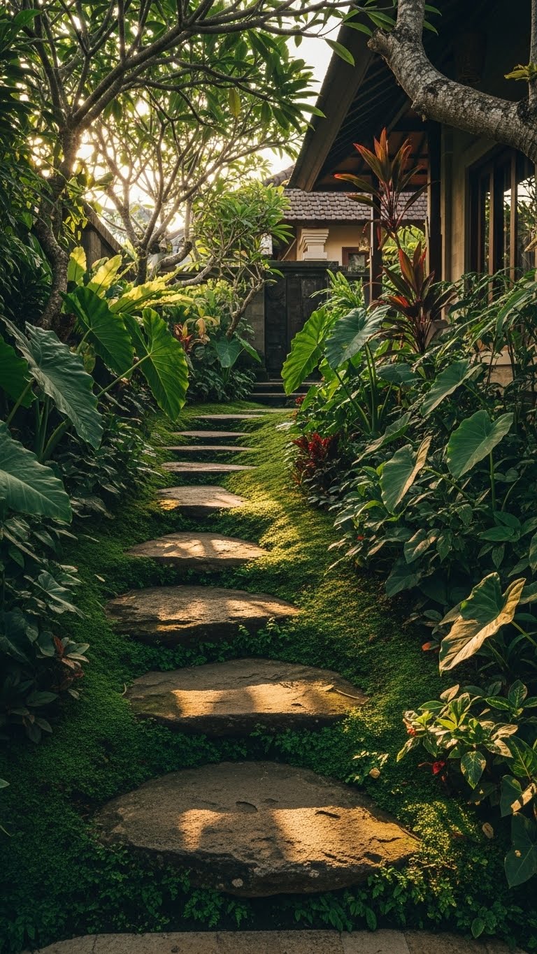 Resort-Style Garden Walkway with Natural Stone Steps