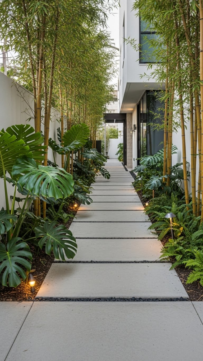 Modern Bamboo Walkway with Soft Landscape Lighting