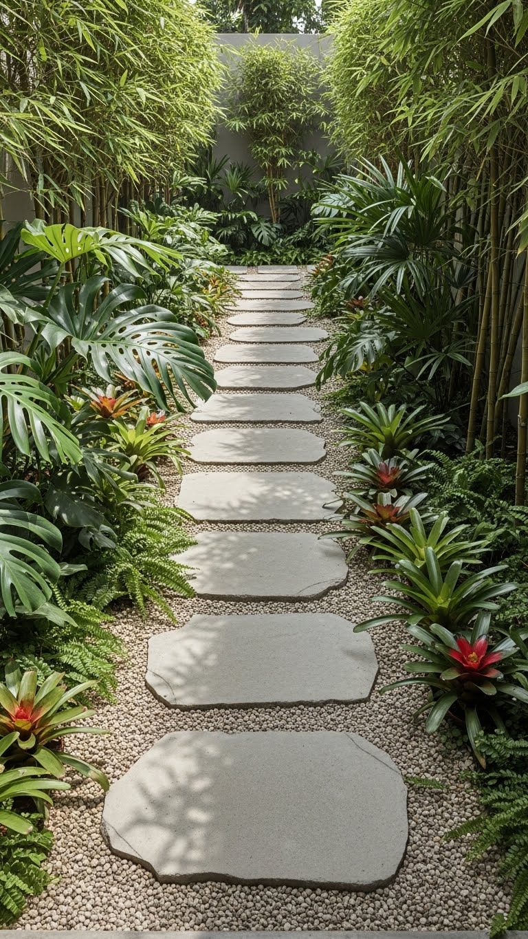 Organic Stepping Stone Path in Dense Tropical Garden