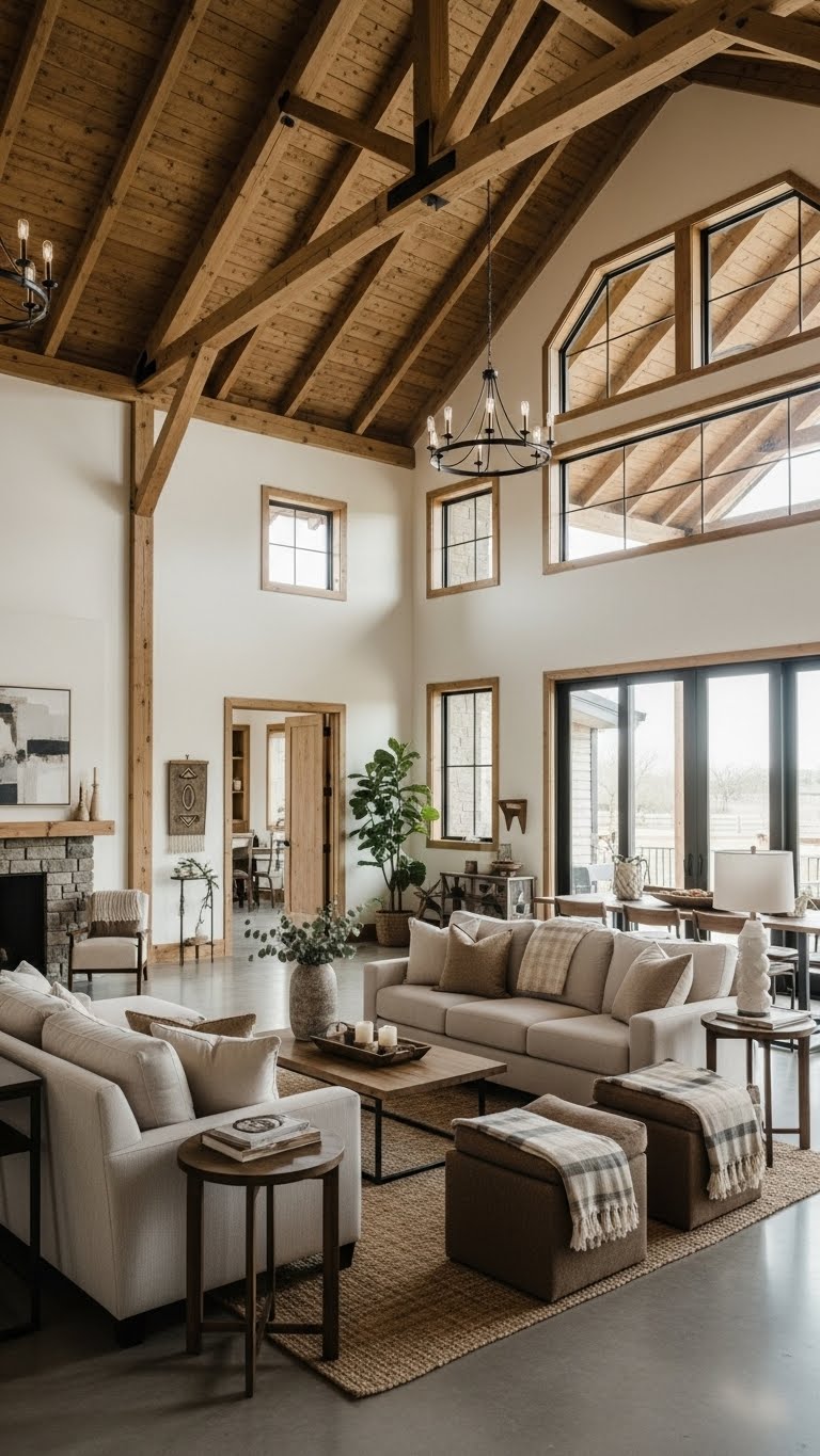Warm Neutral Living Room with Rustic Beams