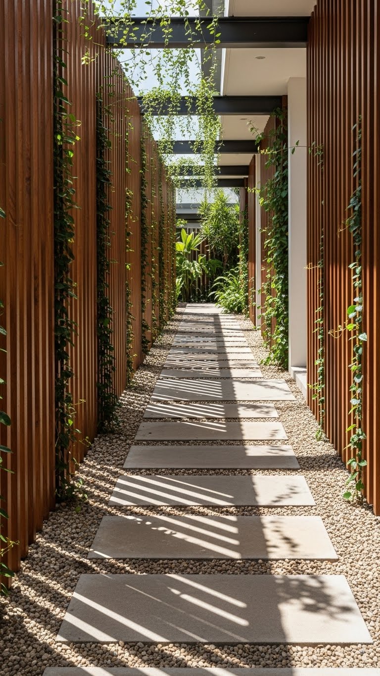Contemporary Walkway with Vertical Wood Screens and Vines