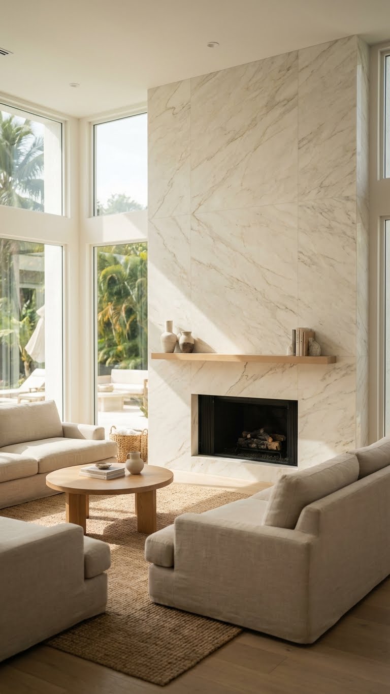 Statement Marble Tile Fireplace Walls