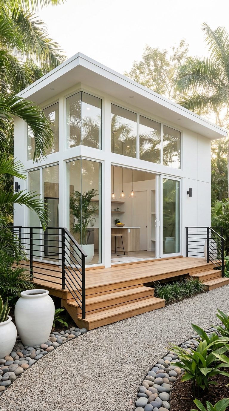 Minimal White Tiny House with Tropical Landscaping