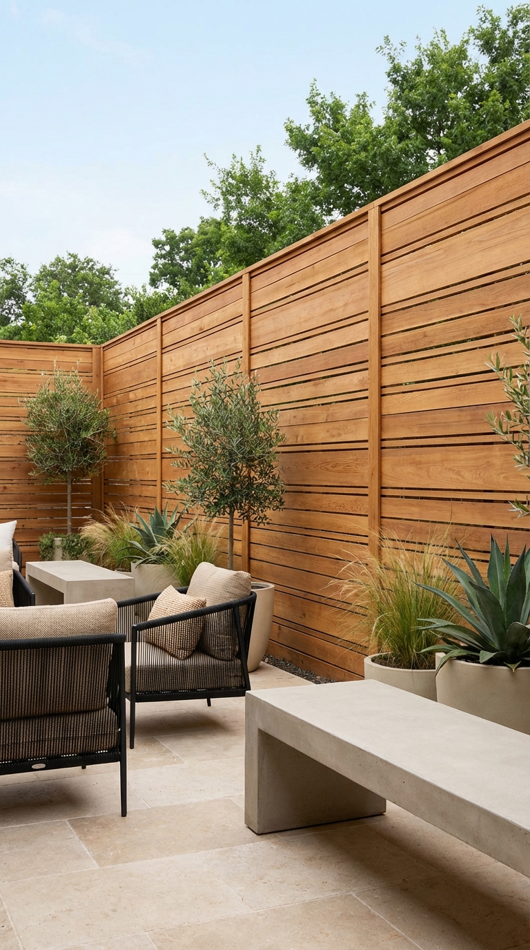 Warm Horizontal Wood Panel Privacy Walls