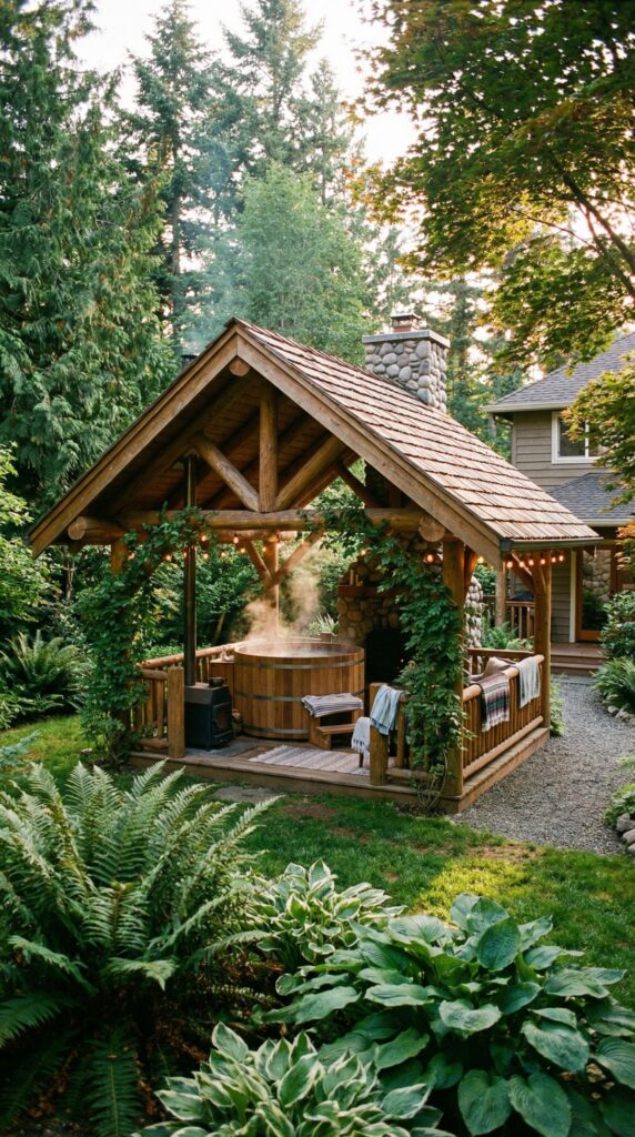 A Warm Wooden Gazebo Framed by Hydrangeas
