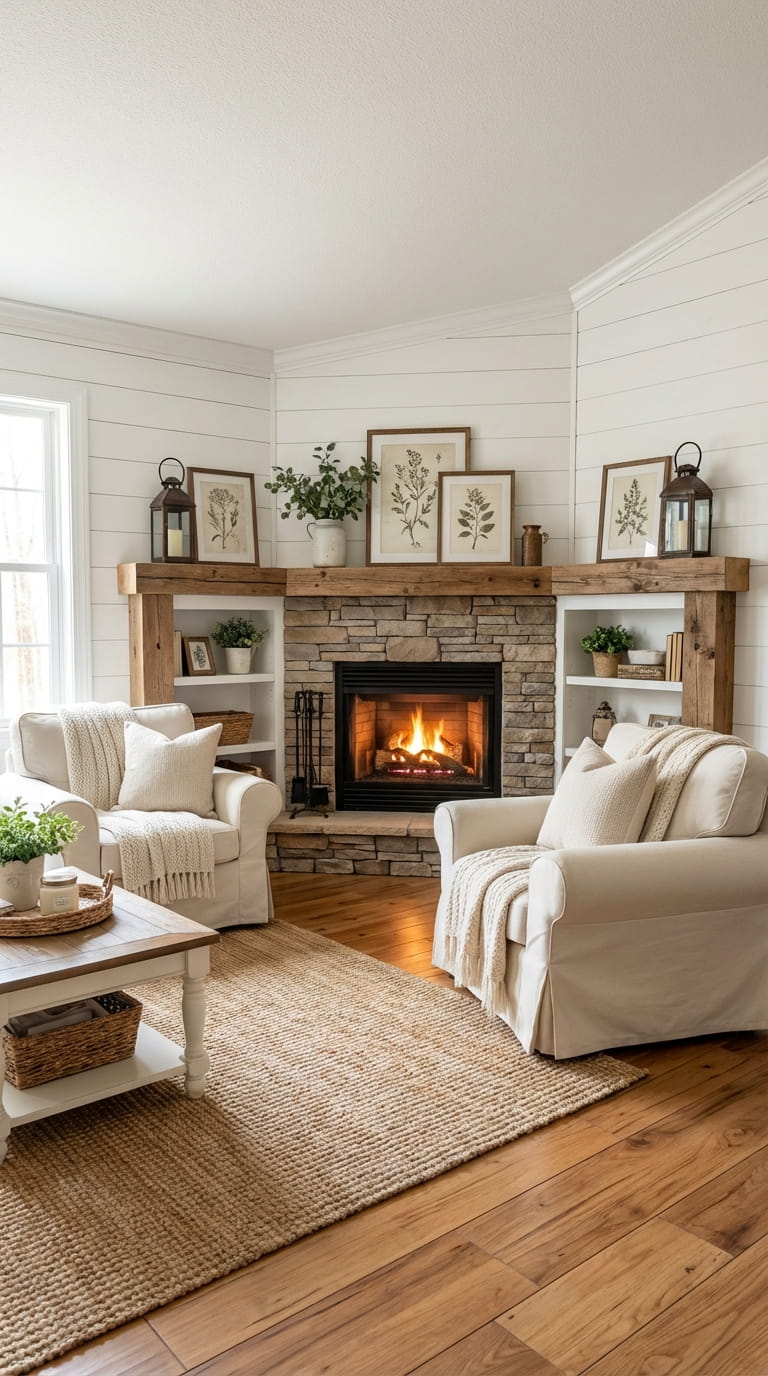 Soft Farmhouse Style Fireplace Nook