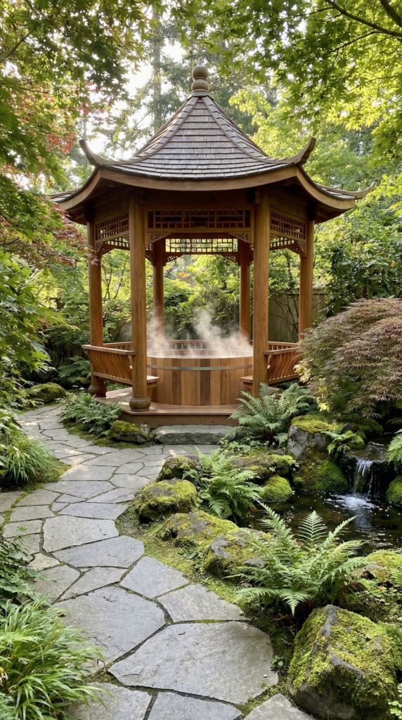 A Classic Gabled Gazebo with Soft Garden Lighting