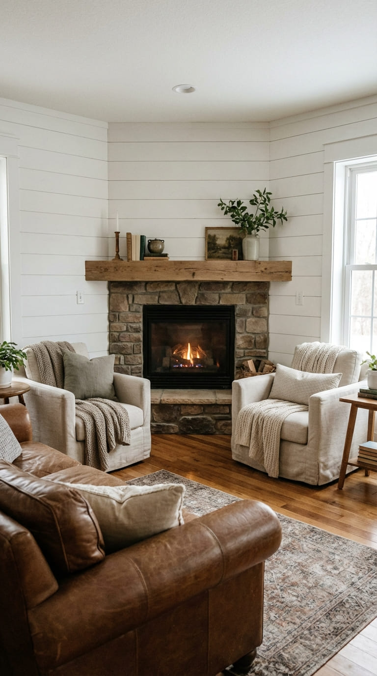 Inviting Corner Fireplace with Layered Textures