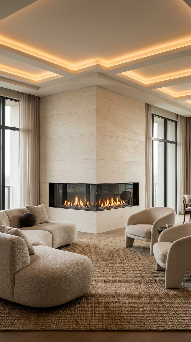 Modern Double-Sided Corner Fireplace Design