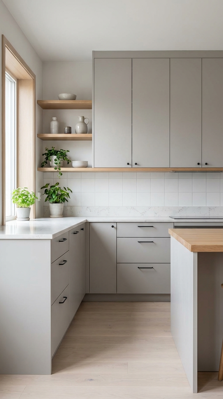 Soft Neutral Cabinets With Open Shelves