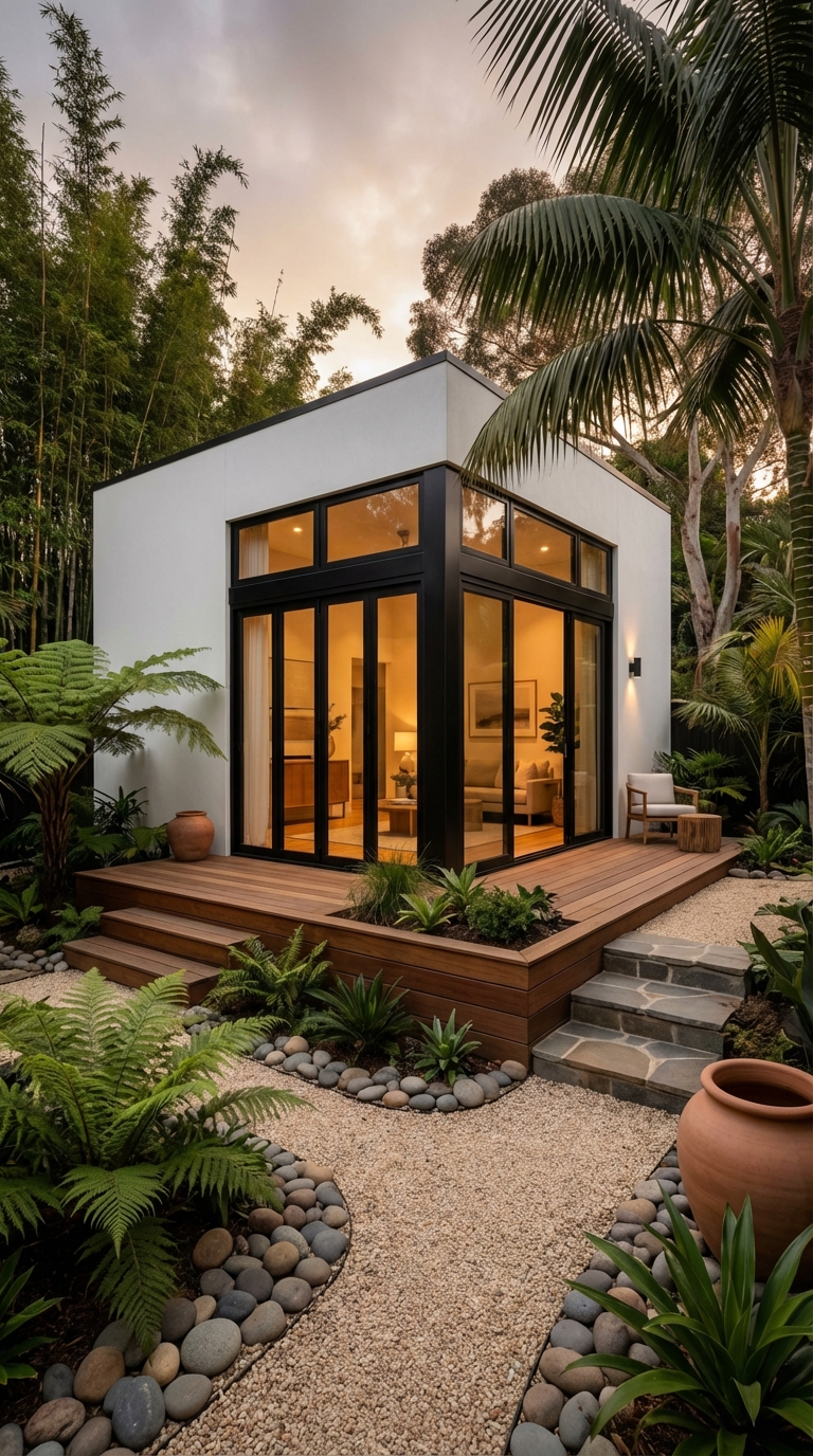 Warm Evening Tiny House with Deck Lighting