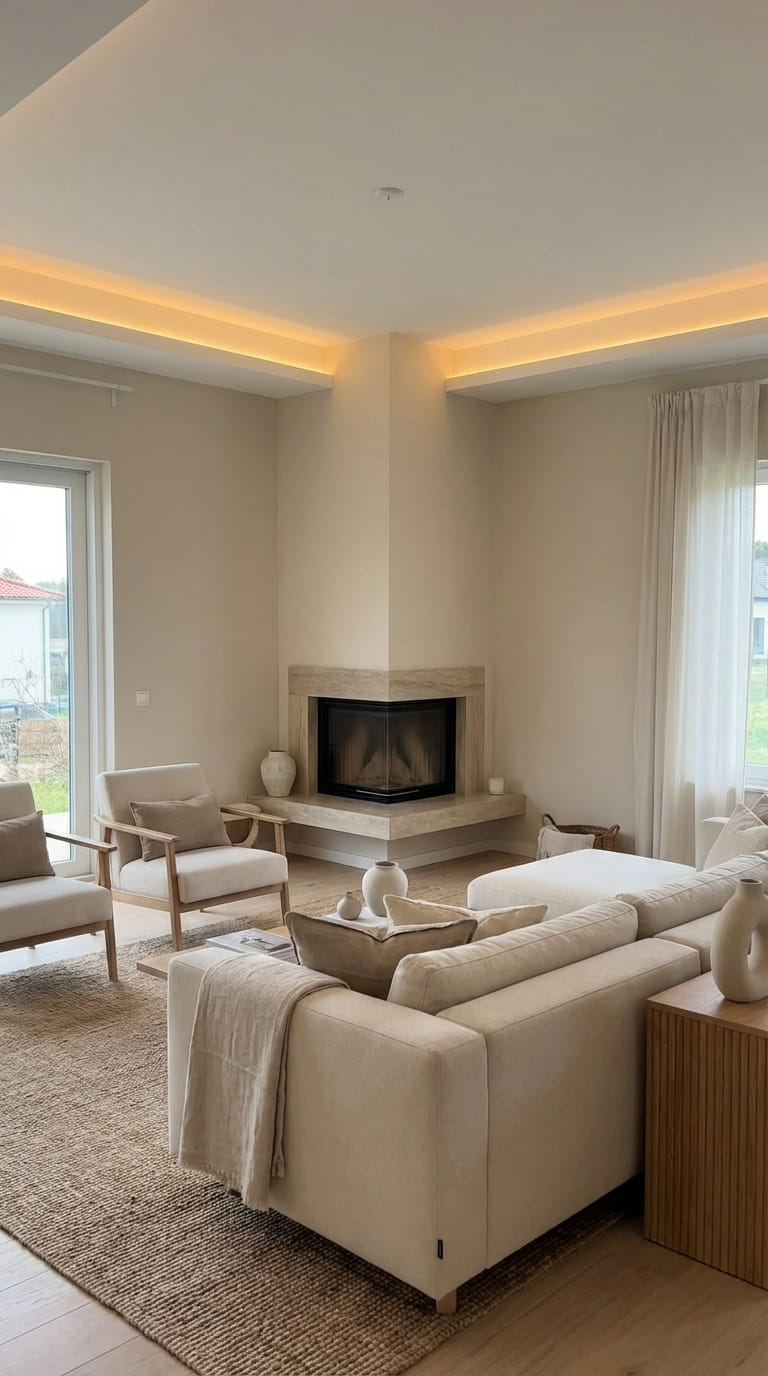 Soft Neutral Corner Fireplace Living Room