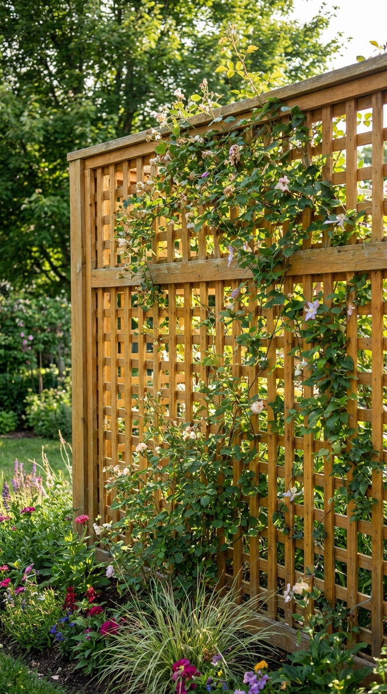 Garden Lattice Fence Covered In Climbing Vines
