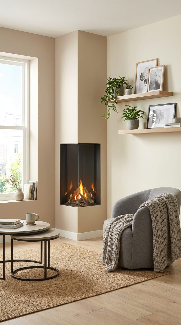Warm Corner Fireplace with Subtle Decor