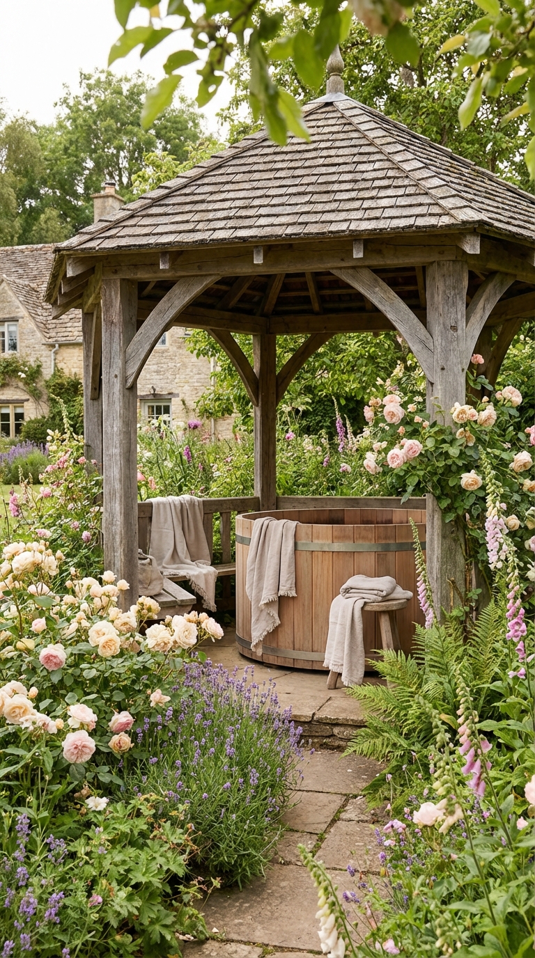 A Flower-Rich Gazebo with Stone Garden Paths