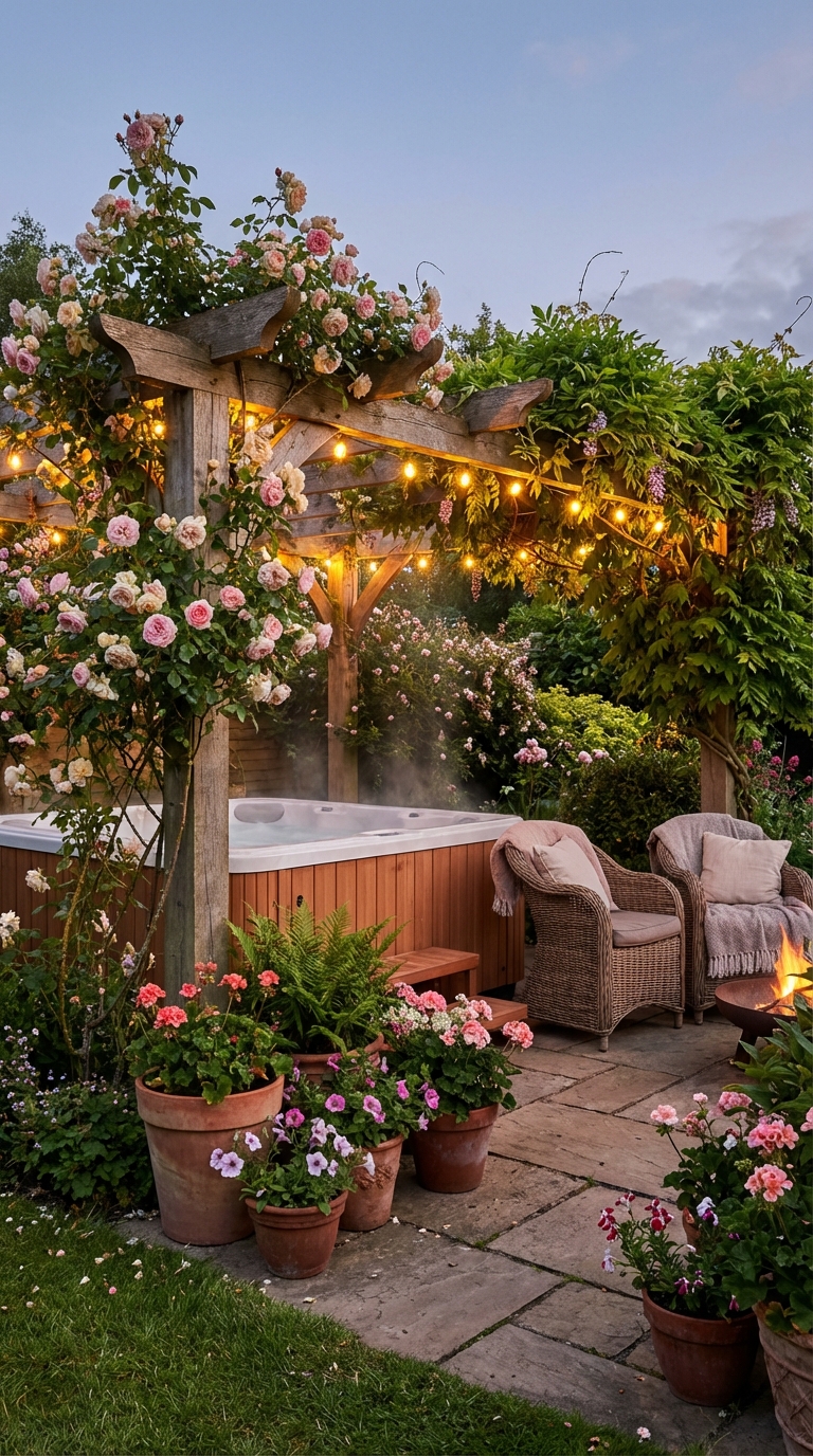 A Cottage Garden Gazebo with Soft Pastel Blooms