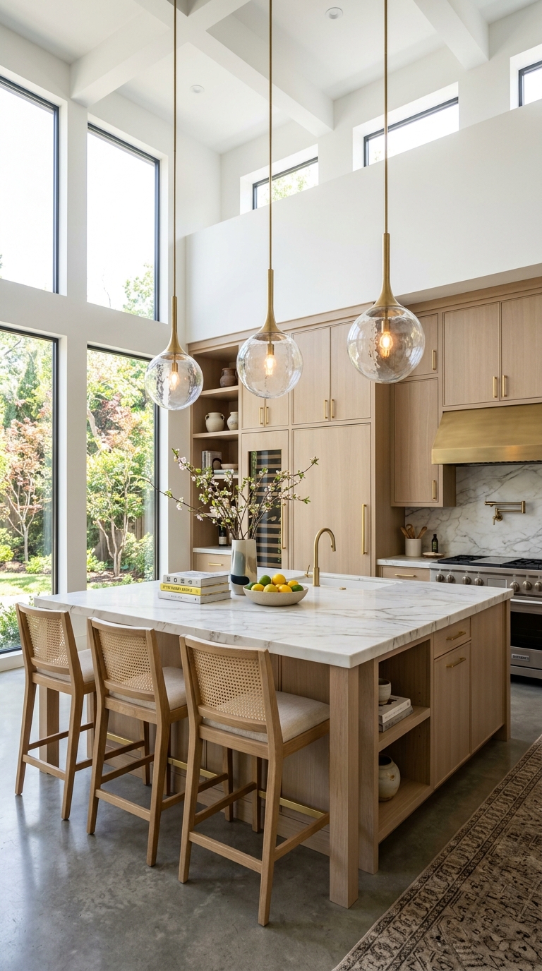 Bright Marble Island With Pendant Lighting