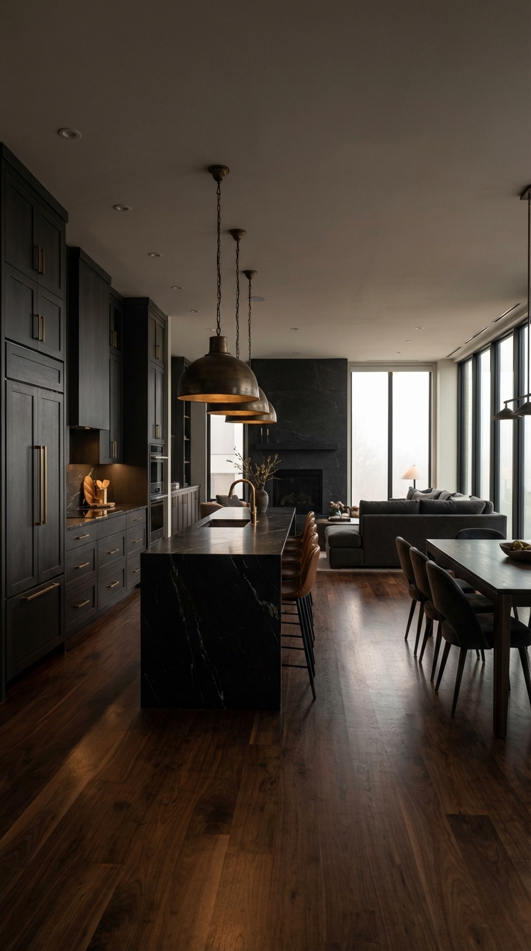 Dramatic Dark Open Kitchen with Modern Luxury