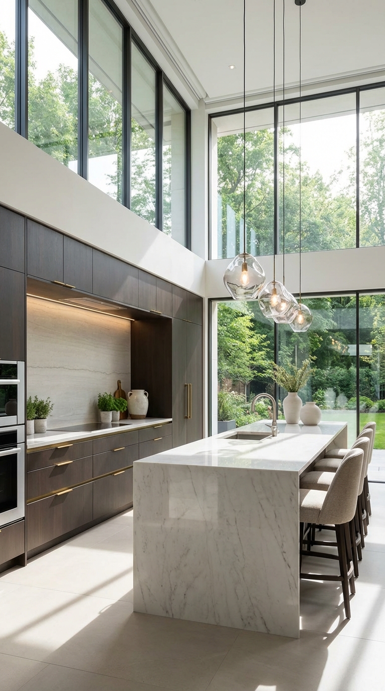 Glass Pendant Open Concept Kitchen