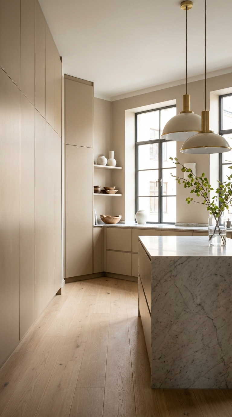 Brass Pendant Lighting Over Marble Island