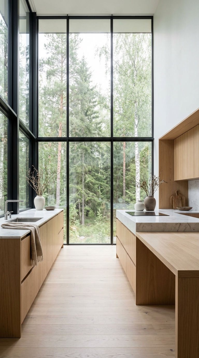 Floor-to-Ceiling Window Forest View Kitchen