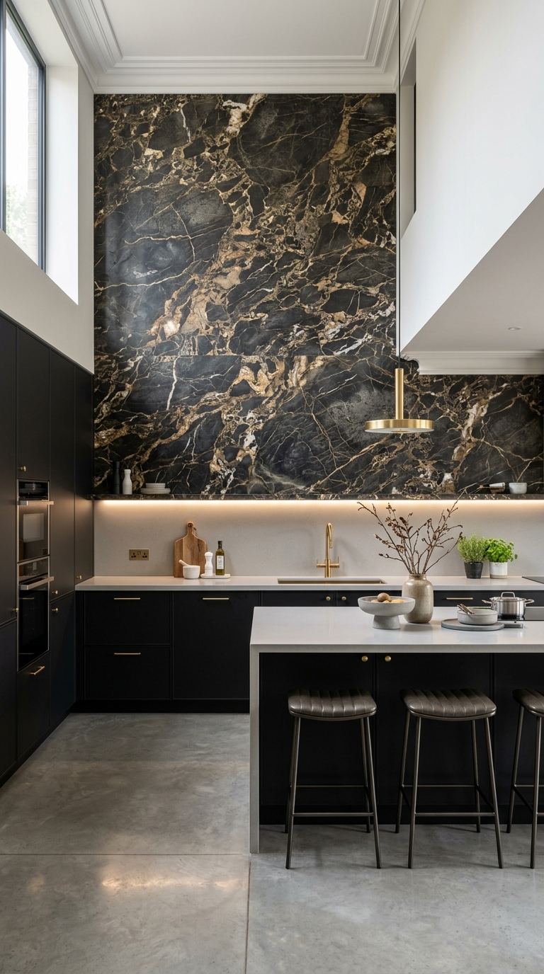 Dramatic Black Marble Statement Kitchen