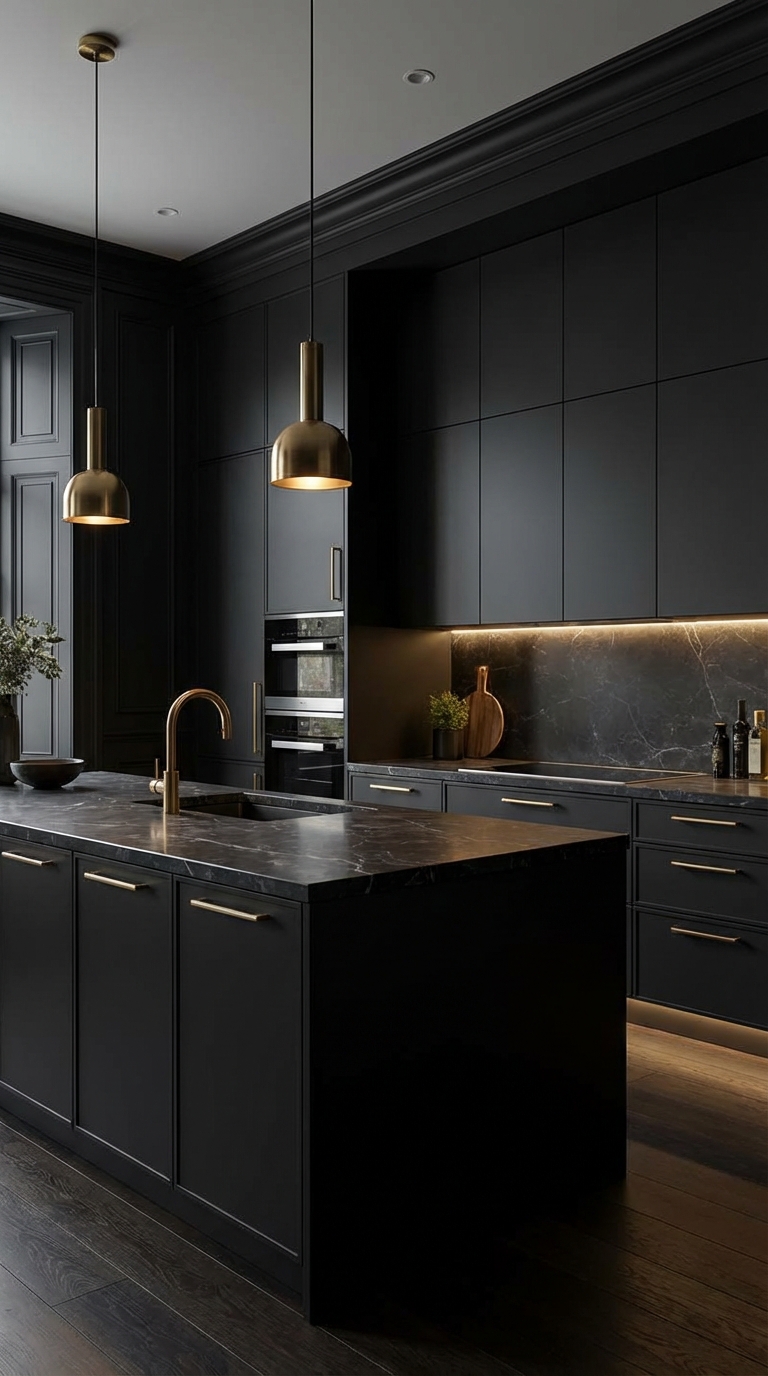 Bold Dark Cabinetry With Brass Accents