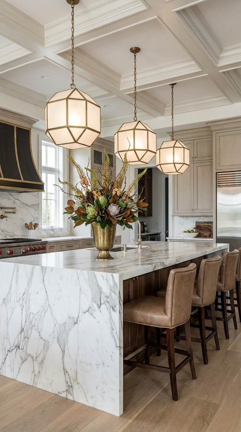 Classic Marble Island With Warm Wood Details