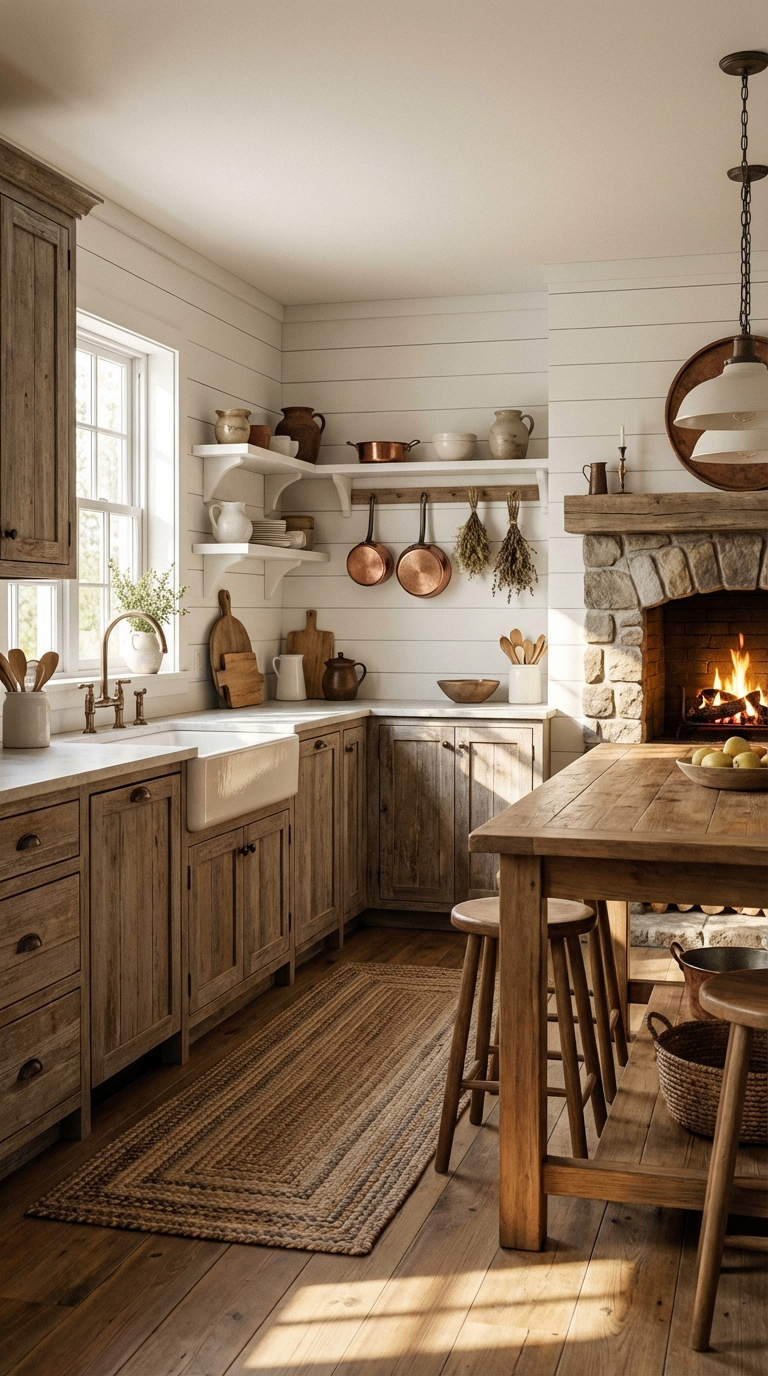 Cozy Kitchen With Fireplace And Natural Materials