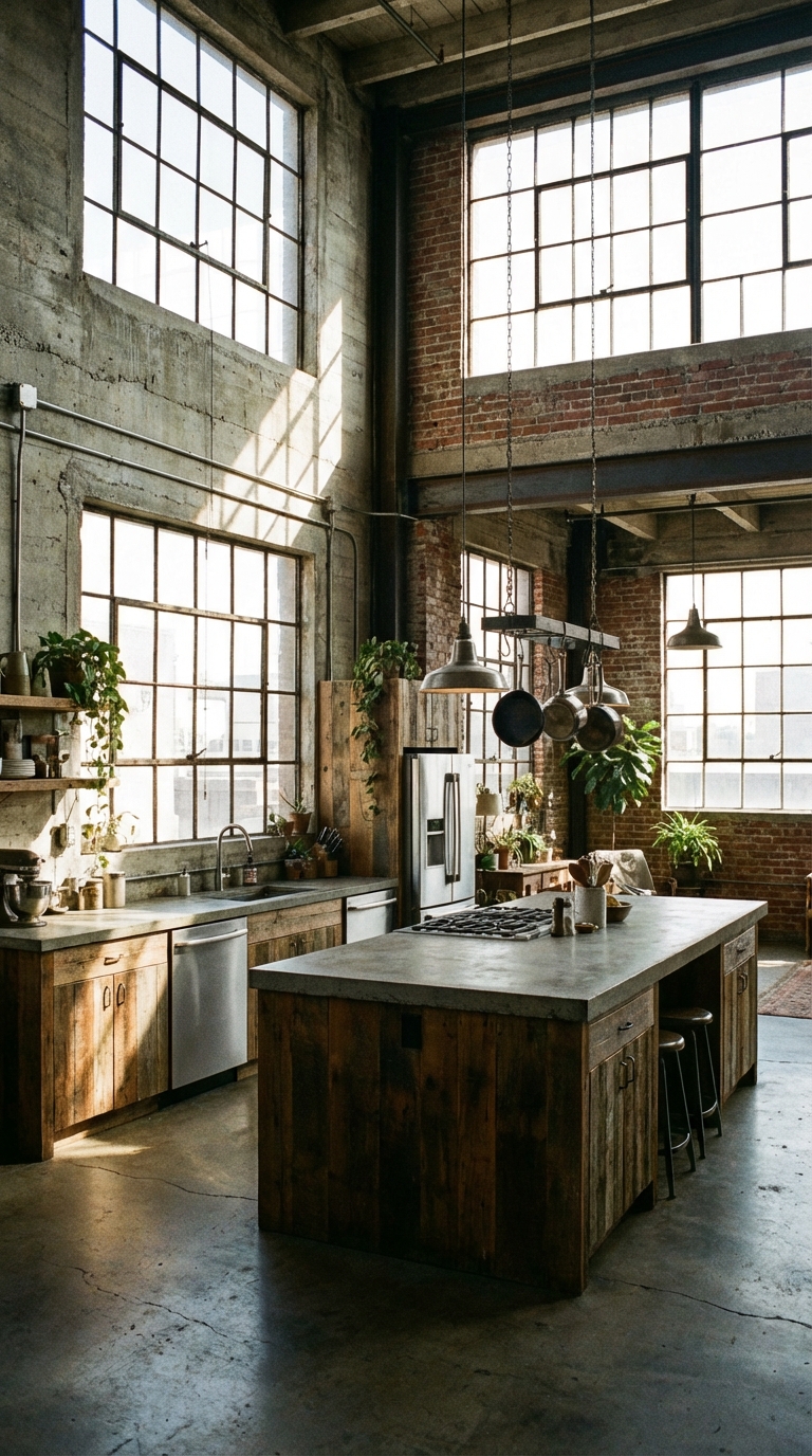 Loft Style Industrial Kitchen with High Ceilings
