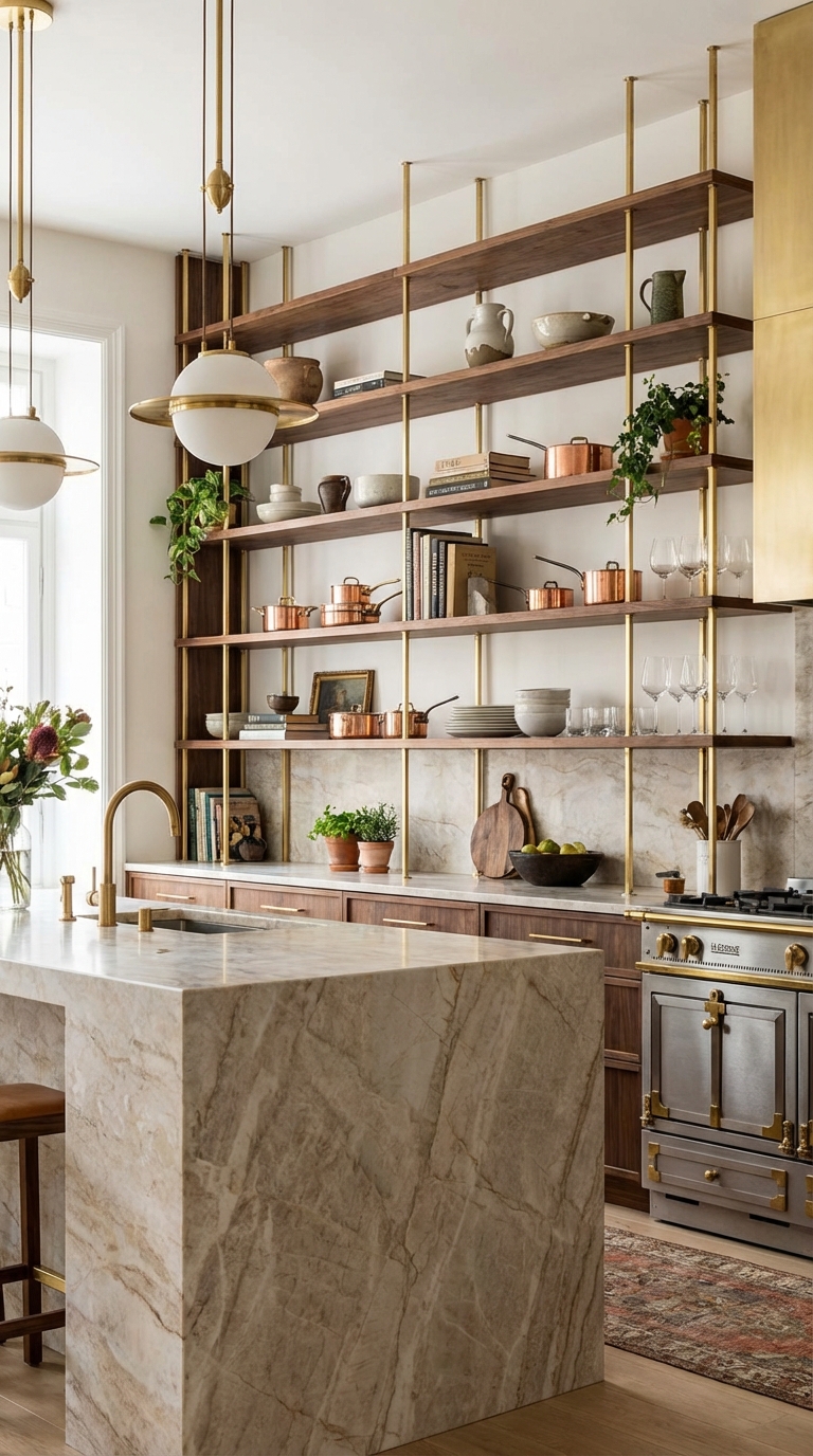 Open Shelving With Brass Structural Details