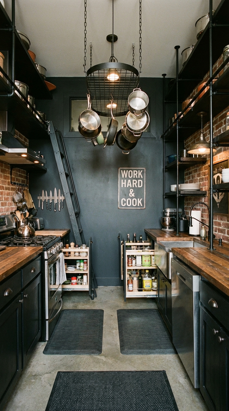 Compact Industrial Kitchen with Hanging Storage