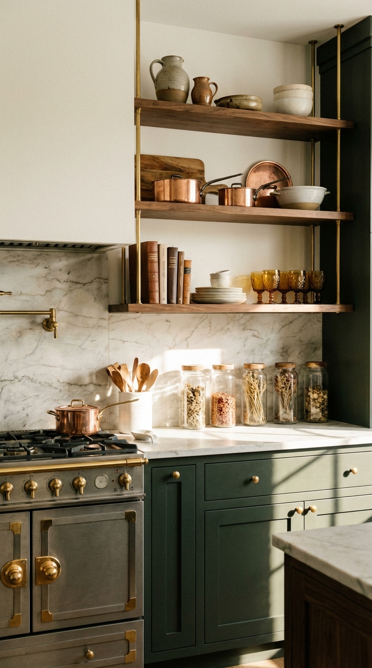 Warm Green Cabinetry With Vintage Accents
