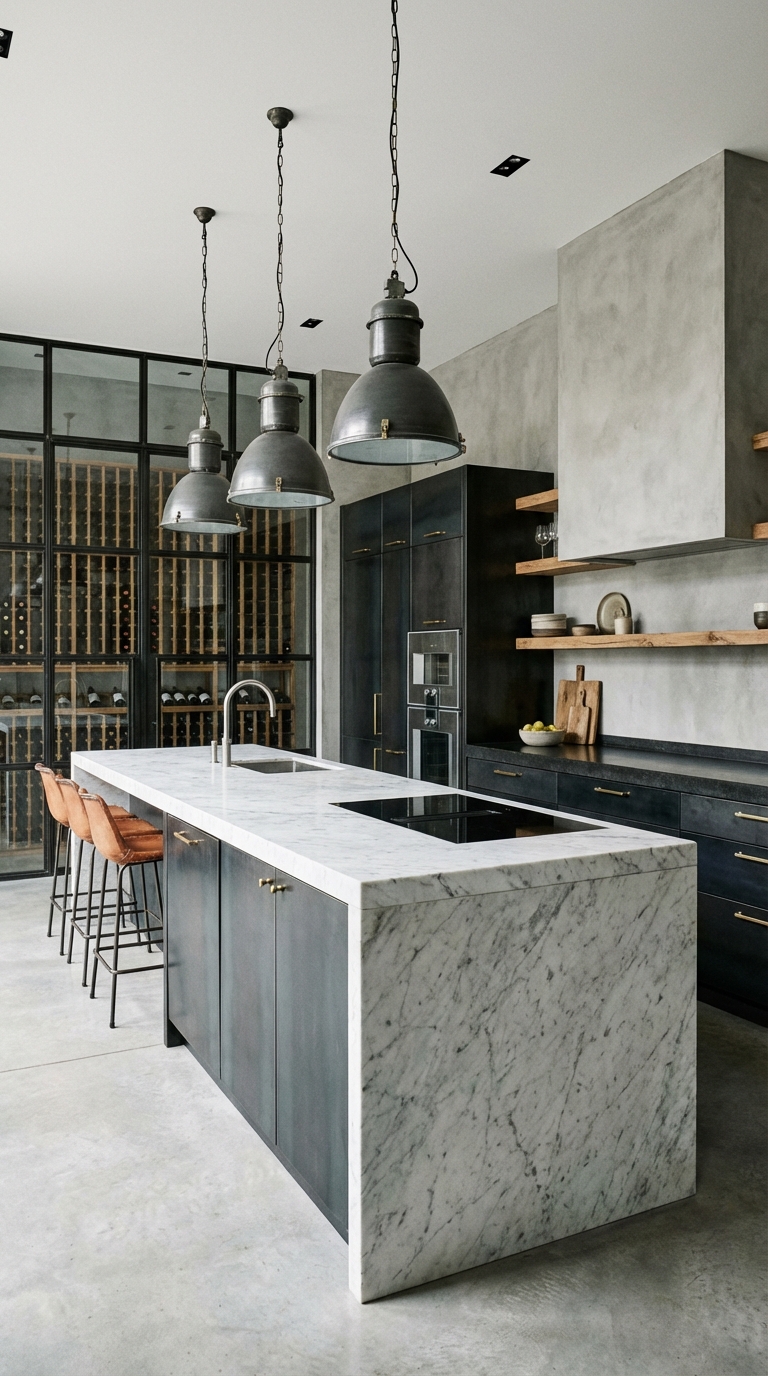 Luxury Industrial Kitchen with Marble Island