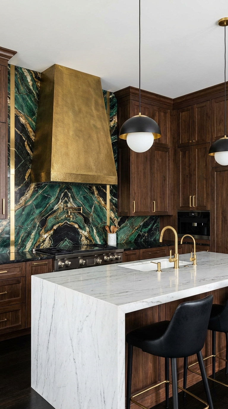 Statement Marble Backsplash With Gold Hood