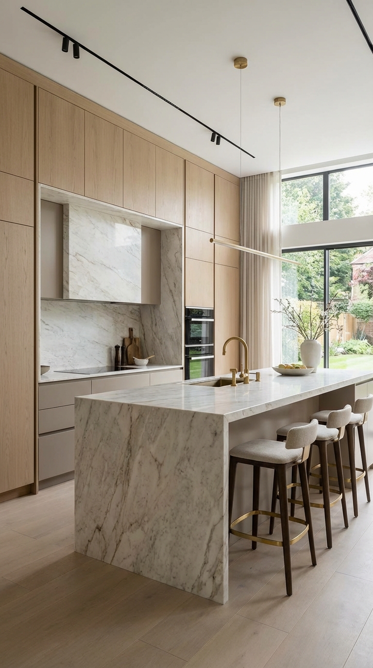 Light Wood Modern Kitchen With Marble Island
