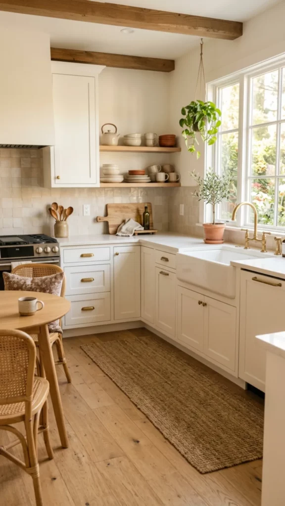 Warm Rustic Charm With White Cabinets and Wood Beams