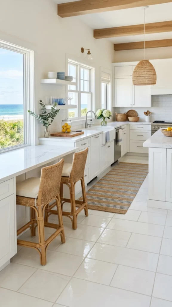 Coastal White Kitchen With Woven Textures